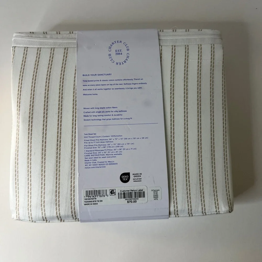 Charter Club Damask Collection Twin Sheet Set Cotton Stripe Ticking‎ NIP